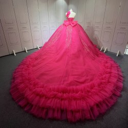 Halter Neck Hot Pink Quinceanera Dress Sleeveless Sweet 15 Gowns Ruffled Princess Dress With Bow