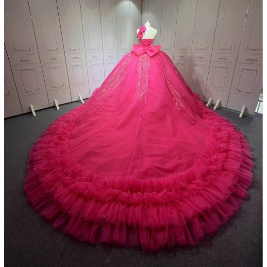 Halter Neck Hot Pink Quinceanera Dress Sleeveless Sweet 15 Gowns Ruffled Princess Dress With Bow