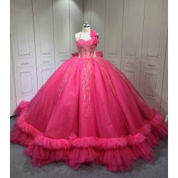 Halter Neck Hot Pink Quinceanera Dress Sleeveless Sweet 15 Gowns Ruffled Princess Dress With Bow