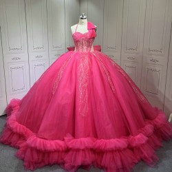 Halter Neck Hot Pink Quinceanera Dress Sleeveless Sweet 15 Gowns Ruffled Princess Dress With Bow