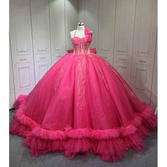 Halter Neck Hot Pink Quinceanera Dress Sleeveless Sweet 15 Gowns Ruffled Princess Dress With Bow