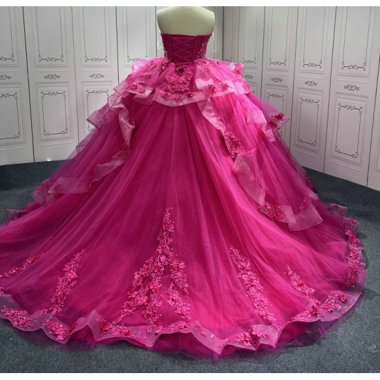 Lace Appliques Hot Pink Quinceanera Dresses Sweetheart Neck Sweet 15 Gowns Custom Made Strapless Vestidos De 15 Anos