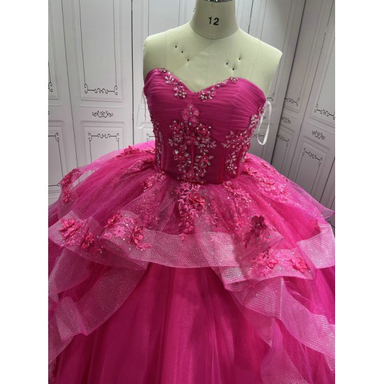 Lace Appliques Hot Pink Quinceanera Dresses Sweetheart Neck Sweet 15 Gowns Custom Made Strapless Vestidos De 15 Anos