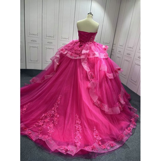 Lace Appliques Hot Pink Quinceanera Dresses Sweetheart Neck Sweet 15 Gowns Custom Made Strapless Vestidos De 15 Anos