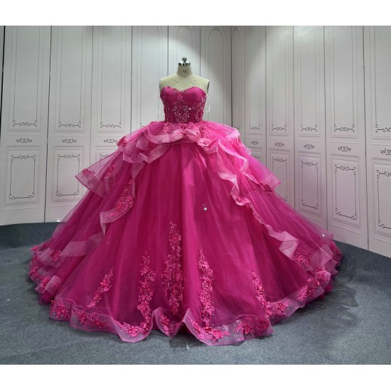 Lace Appliques Hot Pink Quinceanera Dresses Sweetheart Neck Sweet 15 Gowns Custom Made Strapless Vestidos De 15 Anos