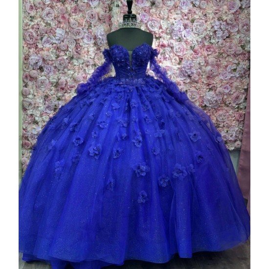 Long Sleeve Blue Quinceanera Dress 3D Flowers Princess Birthday Party Sweet 16 Dress