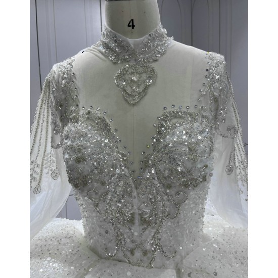 Long Sleeve High Neck Vestido De Novia Princess Bridal Gown Crystal Ball Gown Sequin Wedding Dresses