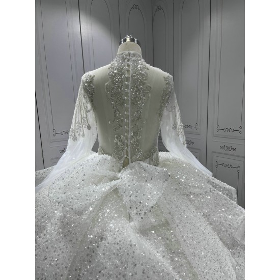 Long Sleeve High Neck Vestido De Novia Princess Bridal Gown Crystal Ball Gown Sequin Wedding Dresses