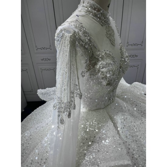 Long Sleeve High Neck Vestido De Novia Princess Bridal Gown Crystal Ball Gown Sequin Wedding Dresses