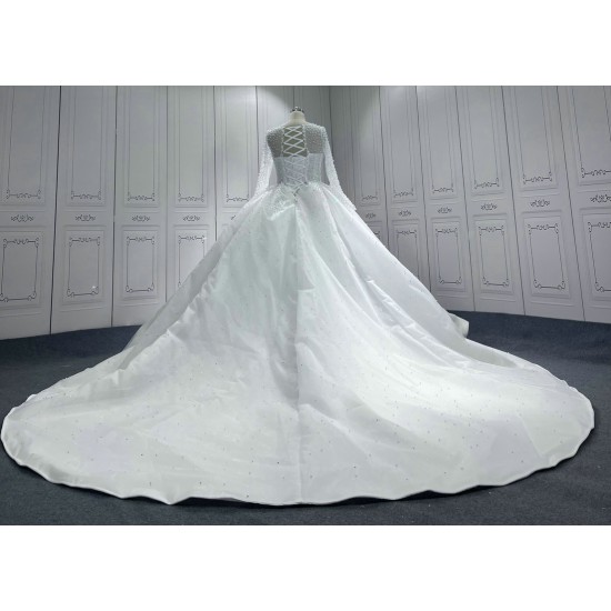 Long Sleeve Pearl Wedding Dresses Scoop Neck Bridal Gowns Women Vestidos De Novia