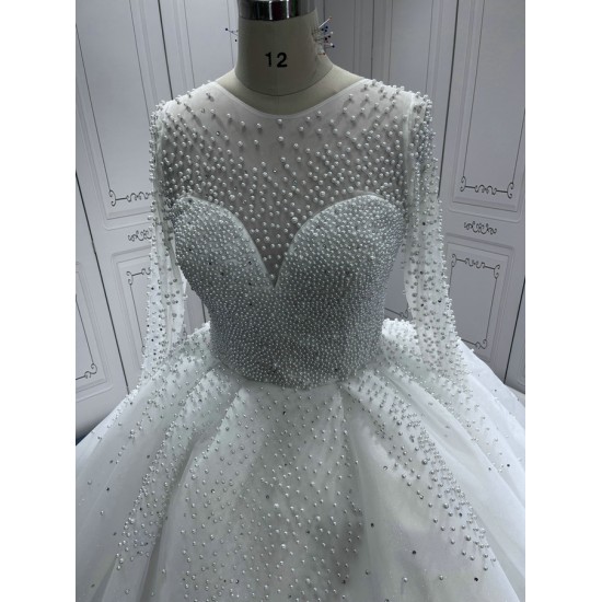 Long Sleeve Pearl Wedding Dresses Scoop Neck Bridal Gowns Women Vestidos De Novia