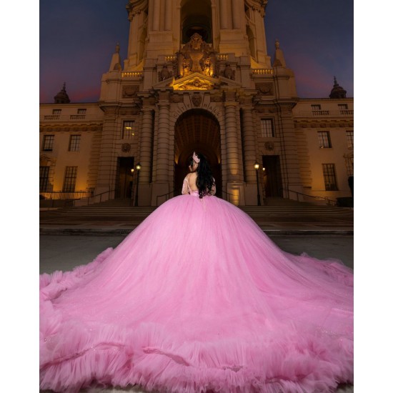 Long Sleeve Pink Quinceanera Dresses Ruffled Sweet 16 Dresses Lace Appliques Ball Gown Customized