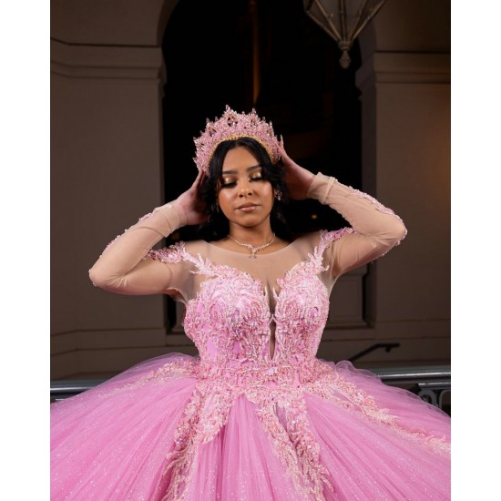 Long Sleeve Pink Quinceanera Dresses Ruffled Sweet 16 Dresses Lace Appliques Ball Gown Customized