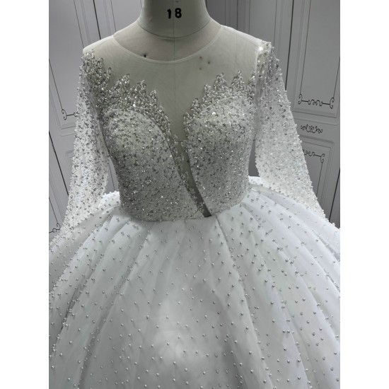 Long Sleeve Vestido De Noiva Pearls Handmade Vintage Wedding Dress 2024 Long Sleeve Bridal Gowns