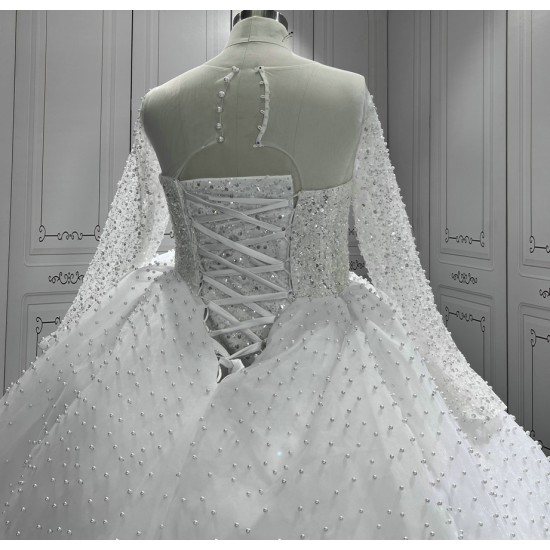 Long Sleeve Vestido De Noiva Pearls Handmade Vintage Wedding Dress 2024 Long Sleeve Bridal Gowns