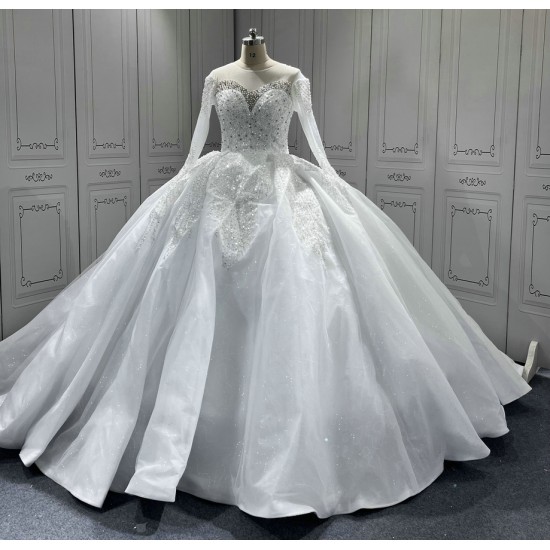 Long Sleeve Vestido De Noiva Scoop Neck Ball Gown Wedding Dresses Crystal Bridal Gowns