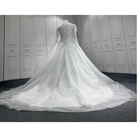 Long Sleeve Wedding Dress Ball Gown Lace Appliques High Neck Tulle Bridal Gown Robe Mariage