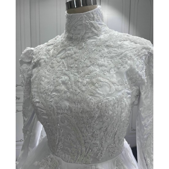 Long Sleeve Wedding Dress Ball Gown Lace Appliques High Neck Tulle Bridal Gown Robe Mariage