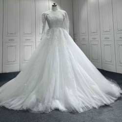 Long Sleeve Wedding Dress Ball Gown Lace Appliques High Neck Tulle Bridal Gown Robe Mariage