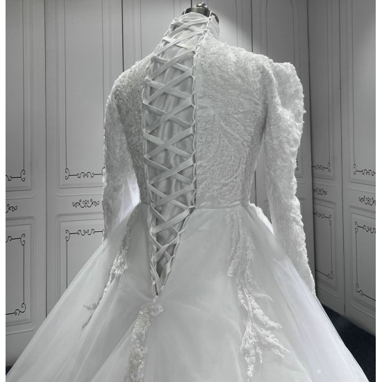 Long Sleeve Wedding Dress Ball Gown Lace Appliques High Neck Tulle Bridal Gown Robe Mariage