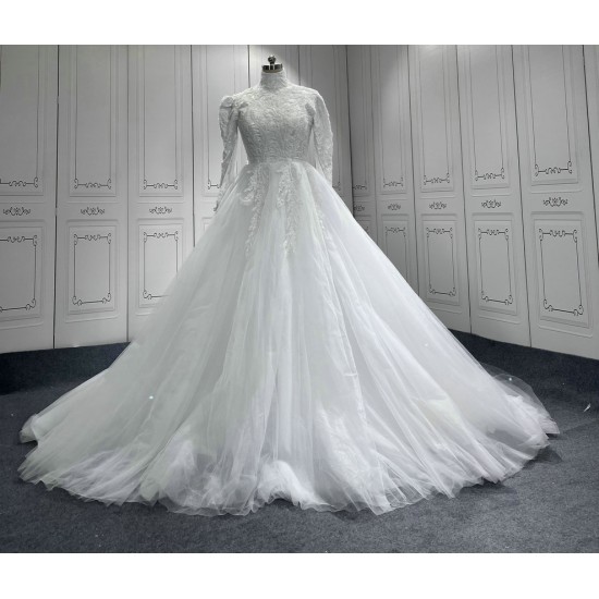 Long Sleeve Wedding Dress Ball Gown Lace Appliques High Neck Tulle Bridal Gown Robe Mariage