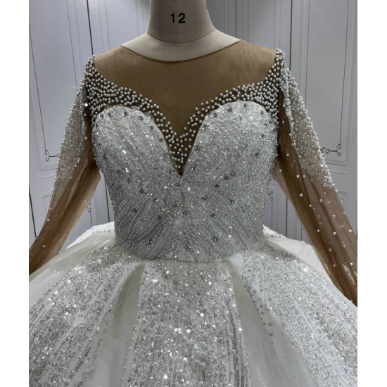 Long Sleeve Wedding Dress Pearl Bridal Gown Custom Made Black Girl Women Dress