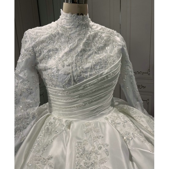 Long Sleeve Wedding Dresses High Neck Lace Tulle Ball Gown Bridal Dress Lace Up Sweep Train Wedding Dress