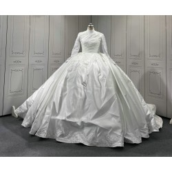 Long Sleeve Wedding Dresses High Neck Lace Tulle Ball Gown Bridal Dress Lace Up Sweep Train Wedding Dress