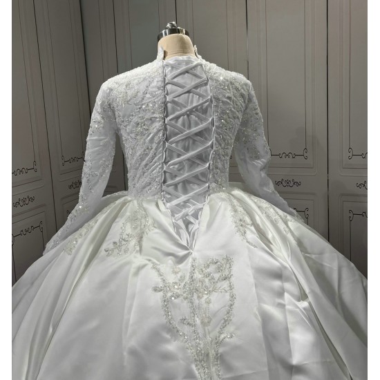 Long Sleeve Wedding Dresses High Neck Lace Tulle Ball Gown Bridal Dress Lace Up Sweep Train Wedding Dress