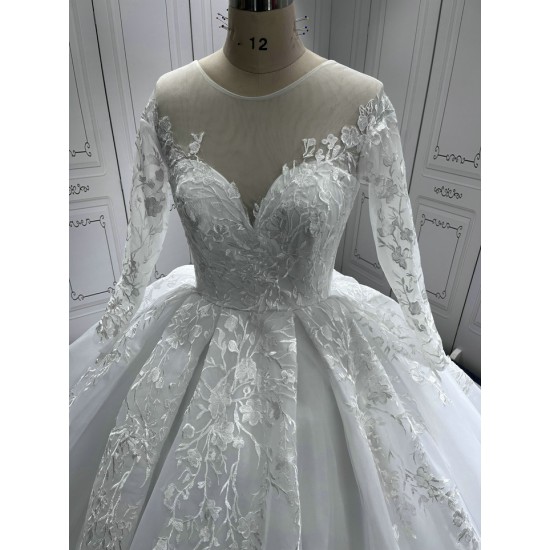 Long Sleeve Wedding Dresses Scoop Neck Bridal Gowns Sweep Train Vestido De Noival Custom Made