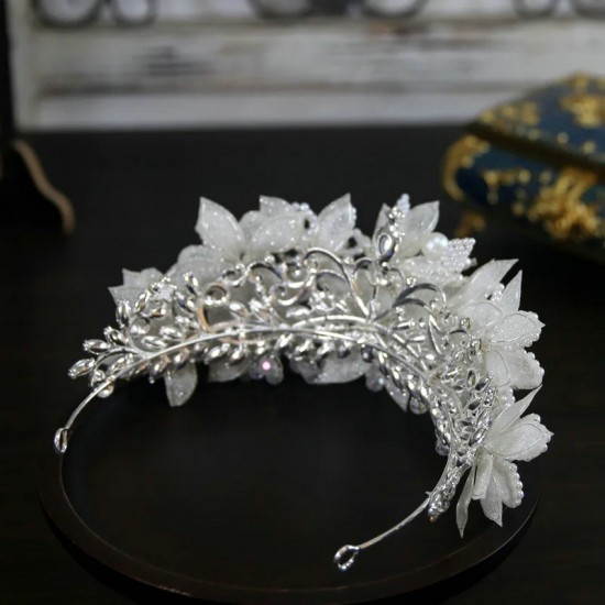 Luxury Silver Color Crystal White Flower Crowns Rhinestone Bride tiara Fashion Wedding Crown Headpiece Hair Jewelry Accessories