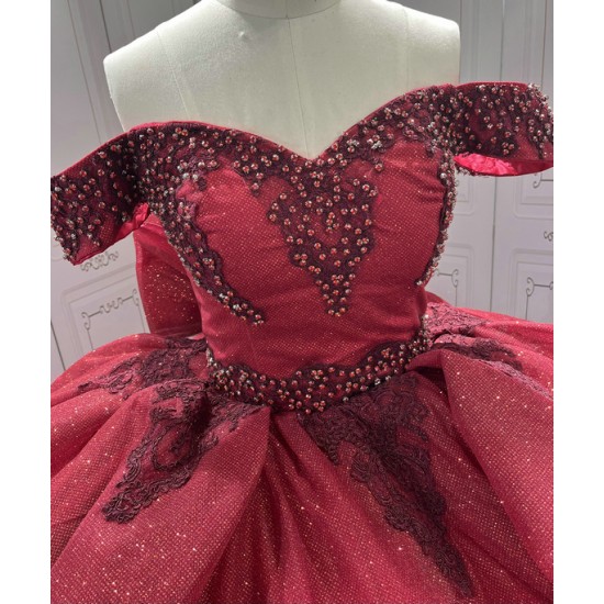 Off Shoulder Burgundy Quinceanera Dresses Sweetheart Neck Lace Up Tulle Appliques Sequin Vestidos De 15 Quinceanera