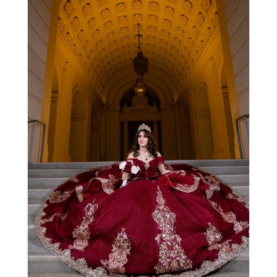 Off Shoulder Burgundy Quinceanera Dresses for Girls Women Bow Sequined Vestidos 15 De Quinceanera Customized