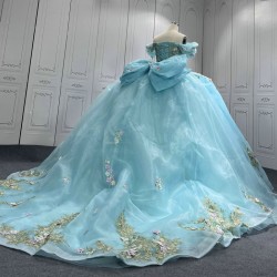 Off Shoulder Ice Blue Quinceanera Dresses 3D Flowers Appliques Sweet 15 Gowns Vestidos De 15 Anos With Bow