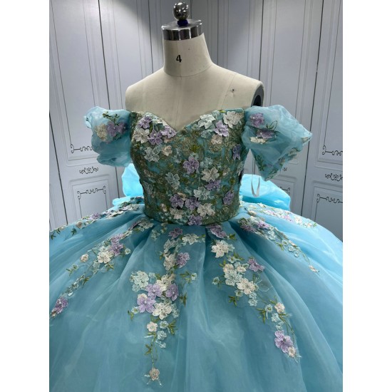 Off Shoulder Ice Blue Quinceanera Dresses 3D Flowers Appliques Sweet 15 Gowns Vestidos De 15 Anos With Bow