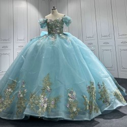 Off Shoulder Ice Blue Quinceanera Dresses 3D Flowers Appliques Sweet 15 Gowns Vestidos De 15 Anos With Bow