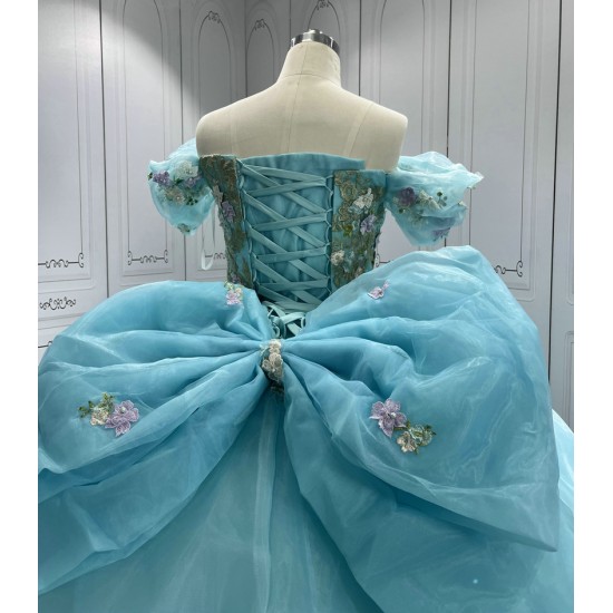 Off Shoulder Ice Blue Quinceanera Dresses 3D Flowers Appliques Sweet 15 Gowns Vestidos De 15 Anos With Bow