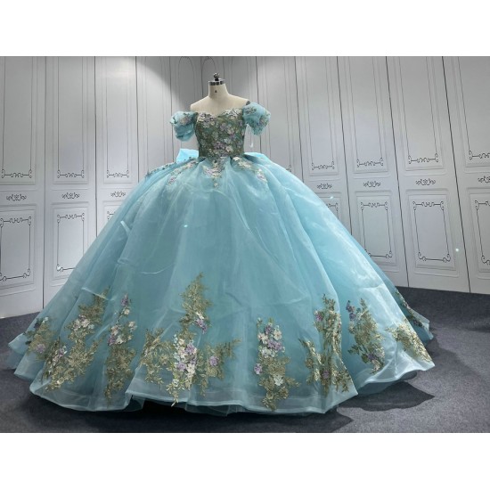 Off Shoulder Ice Blue Quinceanera Dresses 3D Flowers Appliques Sweet 15 Gowns Vestidos De 15 Anos With Bow