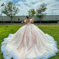 Off Shoulder Nude Quinceanera Dress 2024 Sweep Train Party Dress Lace Appliques Evening Dress Vestidos De Noche