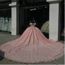 Off Shoulder Pink Quinceanera Ball Gown Rhinestones Quinceanera Dress 2024 Vestidos De Baile Floral Appliques Cocktail