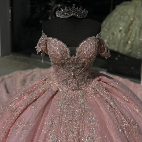 Off Shoulder Pink Quinceanera Ball Gown Rhinestones Quinceanera Dress 2024 Vestidos De Baile Floral Appliques Cocktail