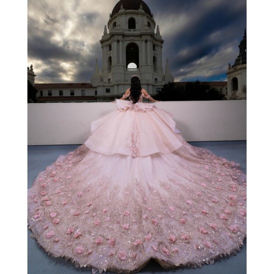 Off Shoulder Pink Quinceanera Dresses 3D Flowers Ball Gown Prom Dress Vestidos De 15 Anos Customized