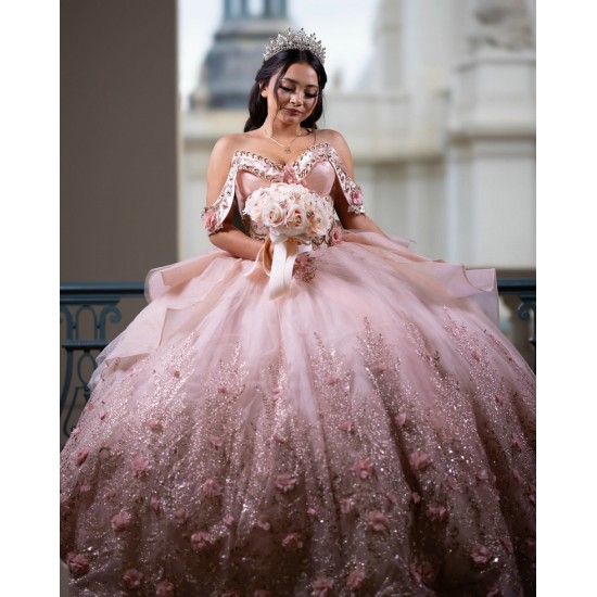 Off Shoulder Pink Quinceanera Dresses 3D Flowers Ball Gown Prom Dress Vestidos De 15 Anos Customized