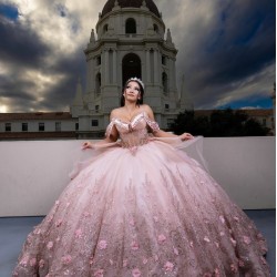 Off Shoulder Pink Quinceanera Dresses 3D Flowers Ball Gown Prom Dress Vestidos De 15 Anos Customized