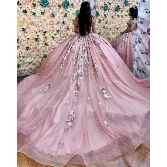 Off Shoulder Pink Quinceanera Dresses 3D Flowers Birthday Party Gowns Customized Vestidos De 15 Anos