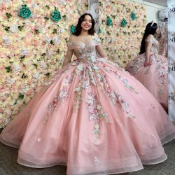 Off Shoulder Pink Quinceanera Dresses 3D Flowers Birthday Party Gowns Customized Vestidos De 15 Anos