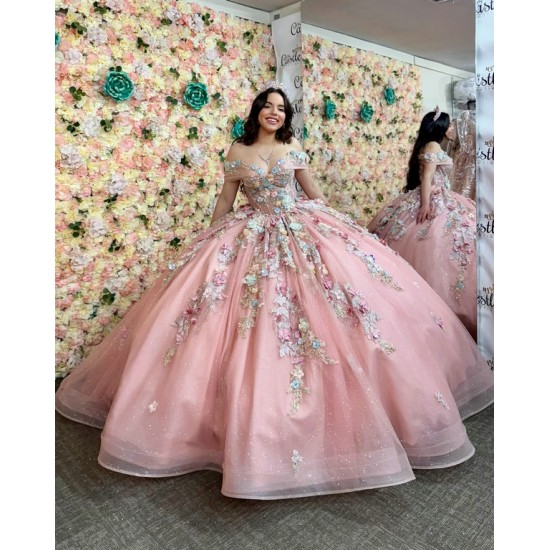 Off Shoulder Pink Quinceanera Dresses 3D Flowers Birthday Party Gowns Customized Vestidos De 15 Anos