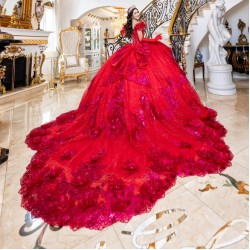 Off Shoulder Red Quinceanera Dresses Lace Applique Prom Dress Ball Gowns for Sweet 16 Party Gowns