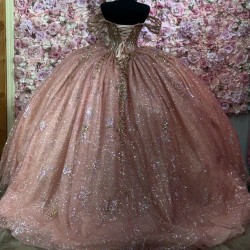 Off Shoulder Rose Gold Quinceanera Dress for Women Sweetheart Neck Crystal Evening Party Gown Sweet 15 Gown