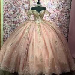 Off Shoulder Rose Gold Quinceanera Dress for Women Sweetheart Neck Crystal Evening Party Gown Sweet 15 Gown